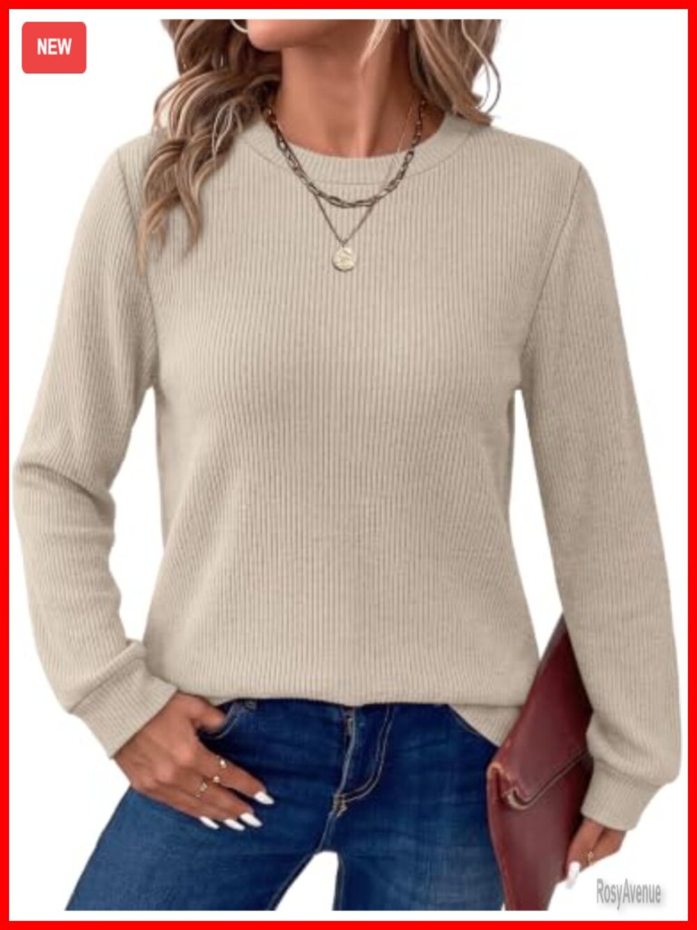 Long Sleeve Tunic Top Crew Neck Ribbed Knit Cozy Fall Winter Layering